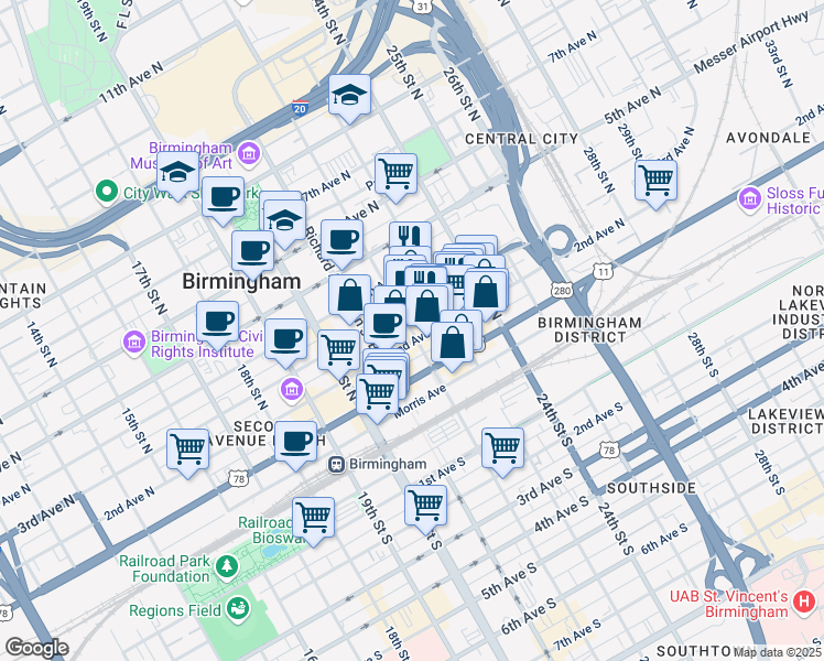 map of restaurants, bars, coffee shops, grocery stores, and more near 2311 3rd Way Northeast in Birmingham