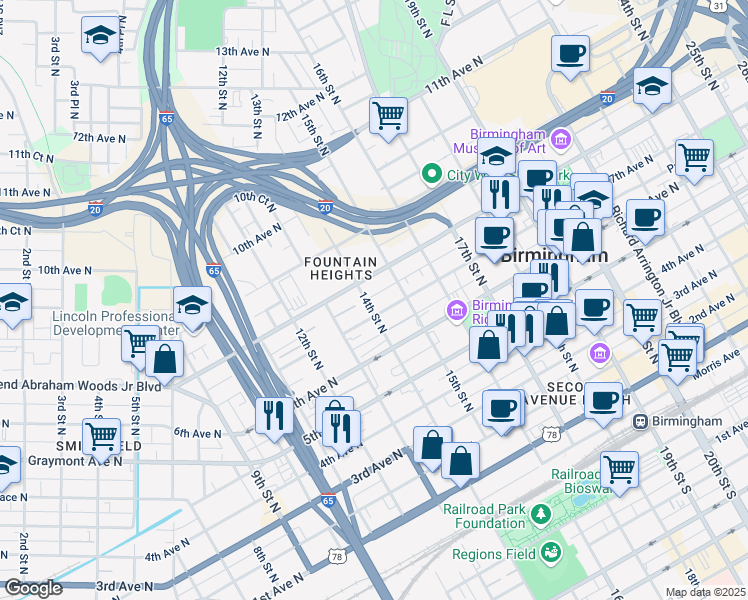 map of restaurants, bars, coffee shops, grocery stores, and more near 1401 Reverend Abraham Woods Junior Boulevard in Birmingham