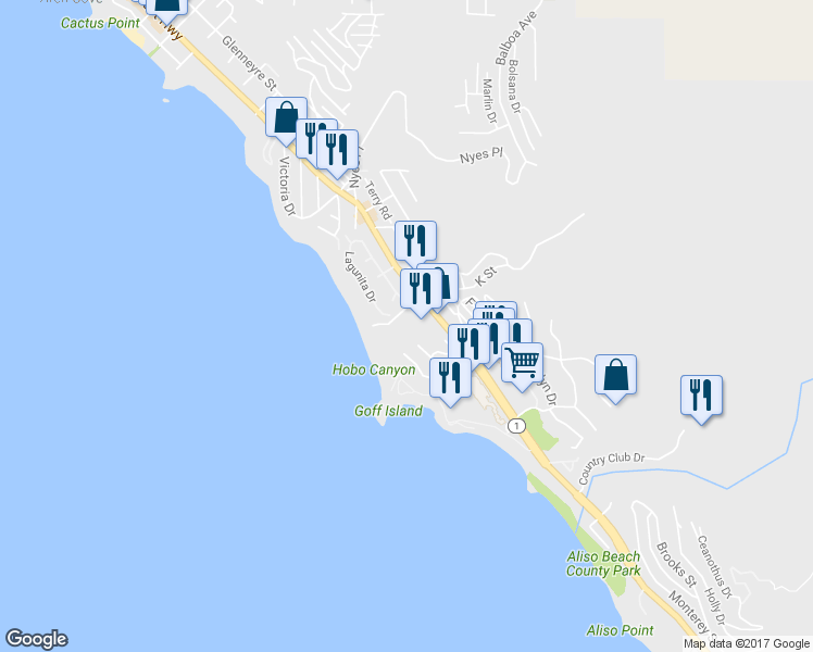 map of restaurants, bars, coffee shops, grocery stores, and more near 39 Blue Lagoon in Laguna Beach