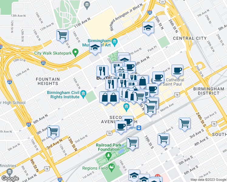 map of restaurants, bars, coffee shops, grocery stores, and more near 1819 5th Avenue North in Birmingham