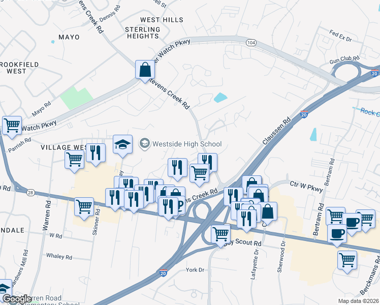 map of restaurants, bars, coffee shops, grocery stores, and more near 110 Point Place in Augusta