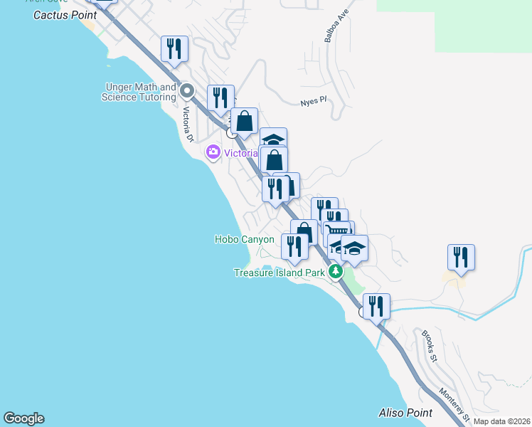 map of restaurants, bars, coffee shops, grocery stores, and more near 39 Blue Lagoon in Laguna Beach