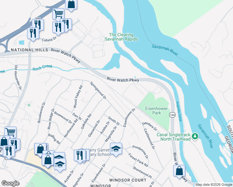 map of restaurants, bars, coffee shops, grocery stores, and more near 2621 National Woods Drive in Augusta