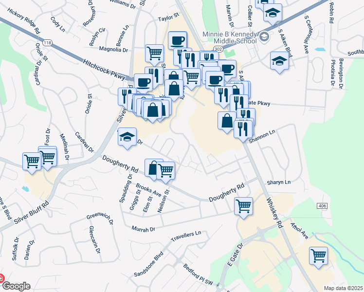 map of restaurants, bars, coffee shops, grocery stores, and more near 819 Neilson Street in Aiken