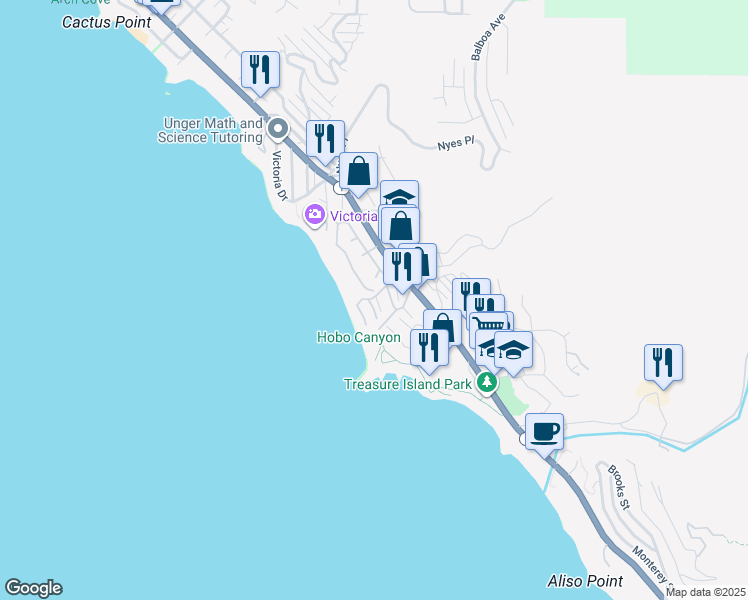 map of restaurants, bars, coffee shops, grocery stores, and more near 29 Lagunita Drive in Laguna Beach