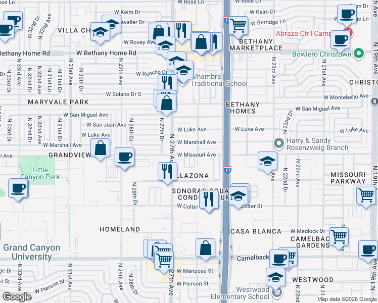 map of restaurants, bars, coffee shops, grocery stores, and more near 2625 West Marshall Avenue in Phoenix