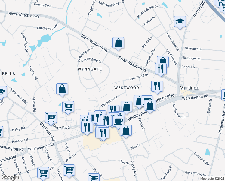 map of restaurants, bars, coffee shops, grocery stores, and more near 3700 George Road in Augusta