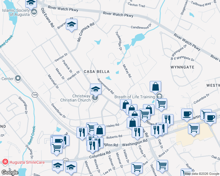 map of restaurants, bars, coffee shops, grocery stores, and more near 222 Anneswood Road in Martinez