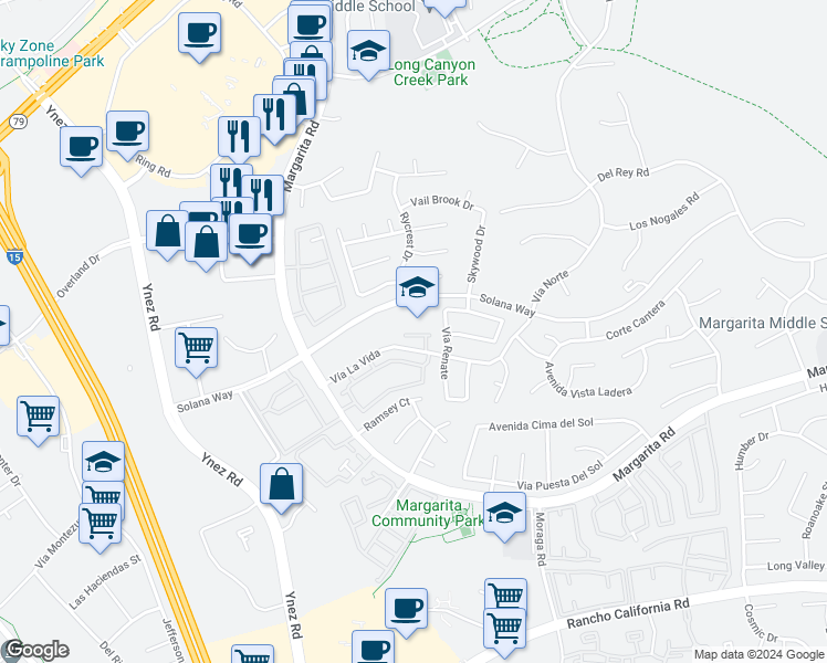map of restaurants, bars, coffee shops, grocery stores, and more near 41829 Saint Thomas Court in Temecula