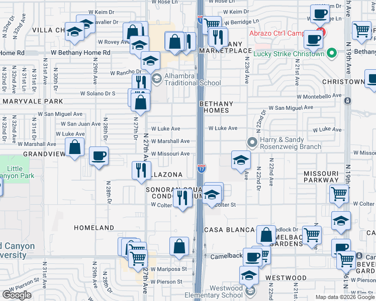 map of restaurants, bars, coffee shops, grocery stores, and more near 2507 West Marshall Avenue in Phoenix