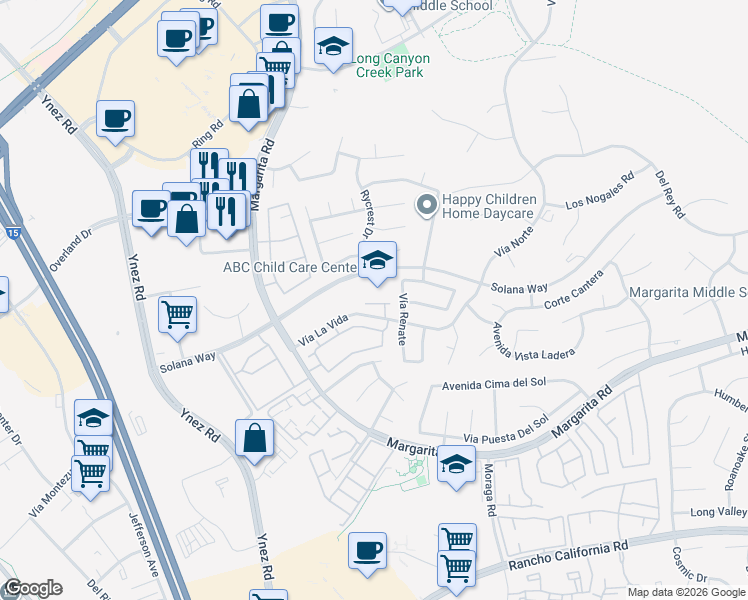 map of restaurants, bars, coffee shops, grocery stores, and more near 29705 Solana Way in Temecula