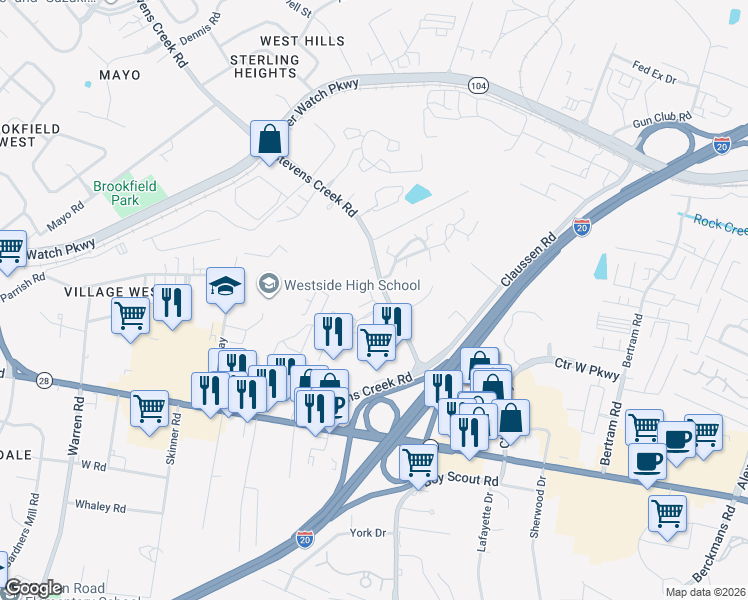 map of restaurants, bars, coffee shops, grocery stores, and more near 110 Point Place in Augusta