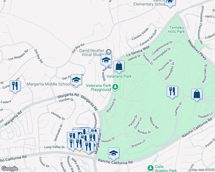 map of restaurants, bars, coffee shops, grocery stores, and more near 41552 Willow Run Road in Temecula