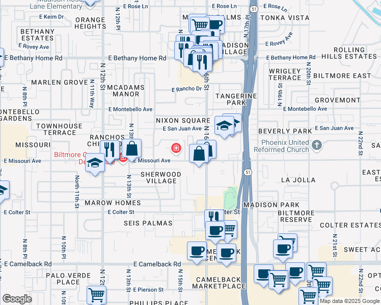 map of restaurants, bars, coffee shops, grocery stores, and more near 5550 North 16th Street in Phoenix