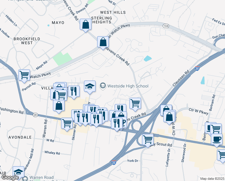 map of restaurants, bars, coffee shops, grocery stores, and more near 1220 Kendal Court in Augusta