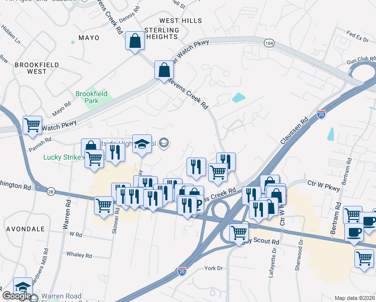 map of restaurants, bars, coffee shops, grocery stores, and more near 1207 Kendal Court in Augusta