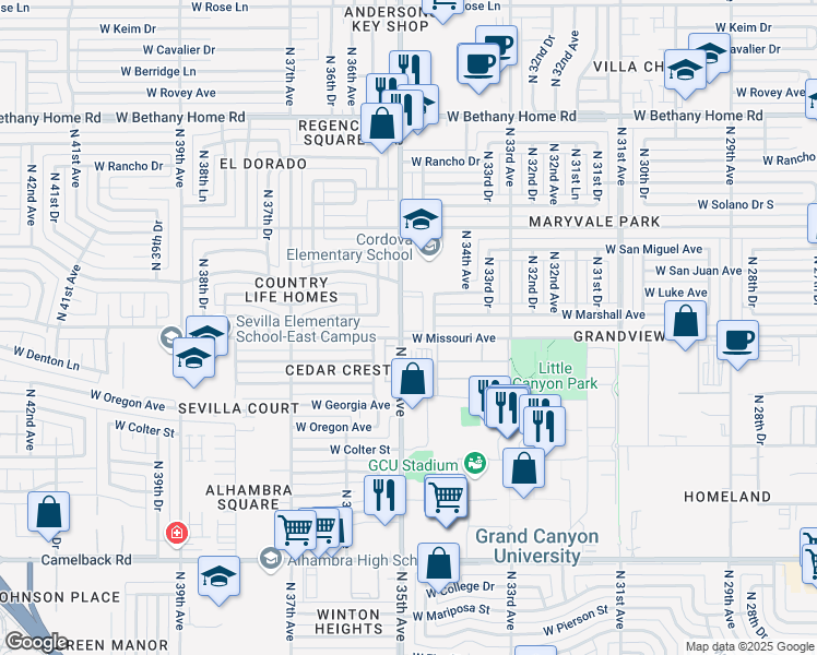map of restaurants, bars, coffee shops, grocery stores, and more near 3450 West Missouri Avenue in Phoenix