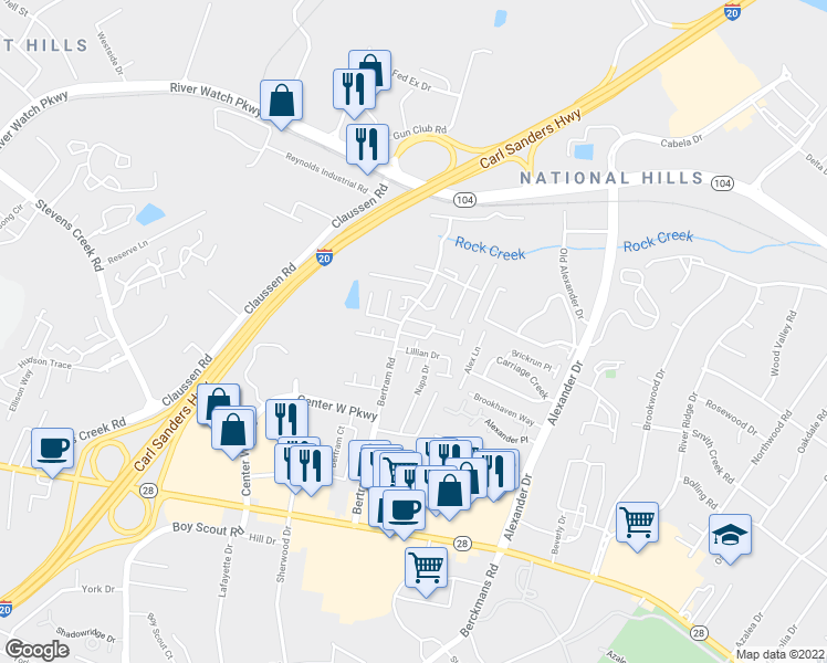 map of restaurants, bars, coffee shops, grocery stores, and more near 2003 Abaco Lane in Augusta