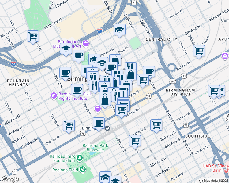 map of restaurants, bars, coffee shops, grocery stores, and more near 2019 4th Avenue North in Birmingham