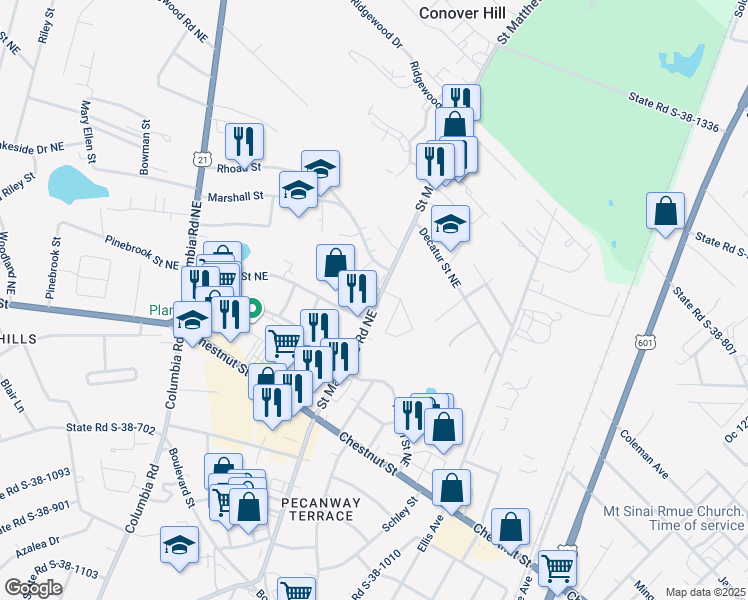 map of restaurants, bars, coffee shops, grocery stores, and more near 1315 Williamsburg Court in Orangeburg