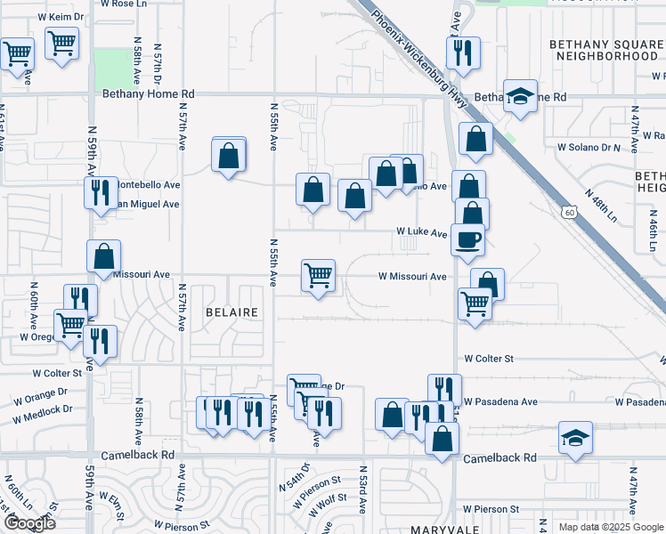 map of restaurants, bars, coffee shops, grocery stores, and more near 5342 West Missouri Avenue in Glendale