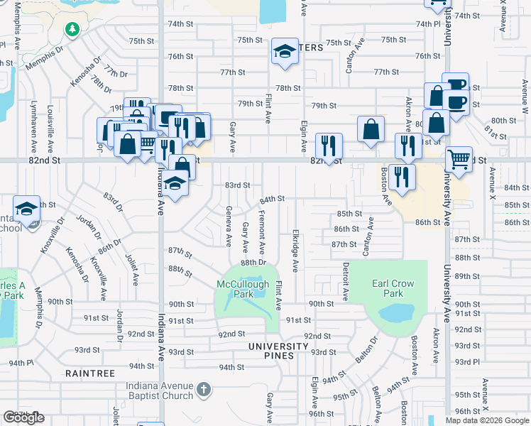 map of restaurants, bars, coffee shops, grocery stores, and more near 8401 Fremont Avenue in Lubbock