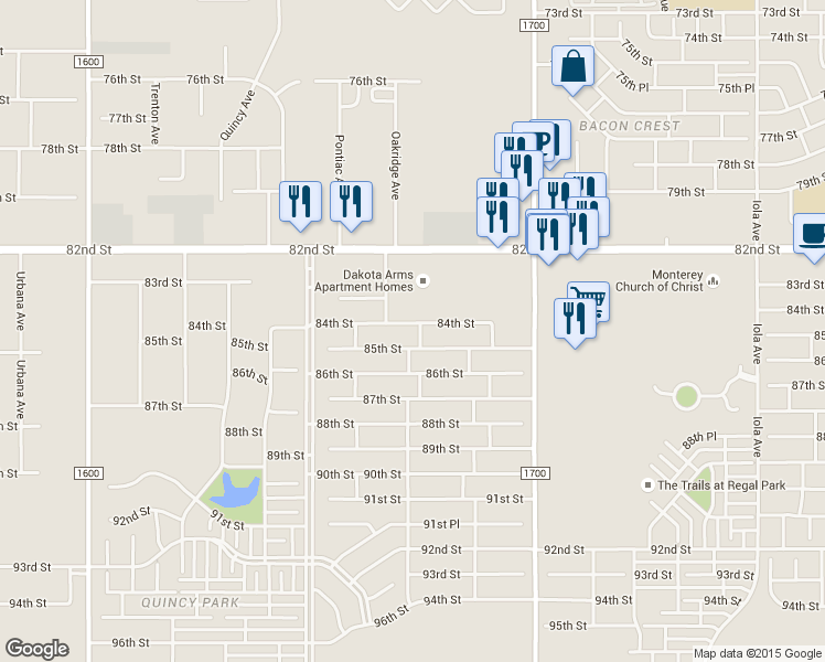 map of restaurants, bars, coffee shops, grocery stores, and more near 6712 84th Street in Lubbock