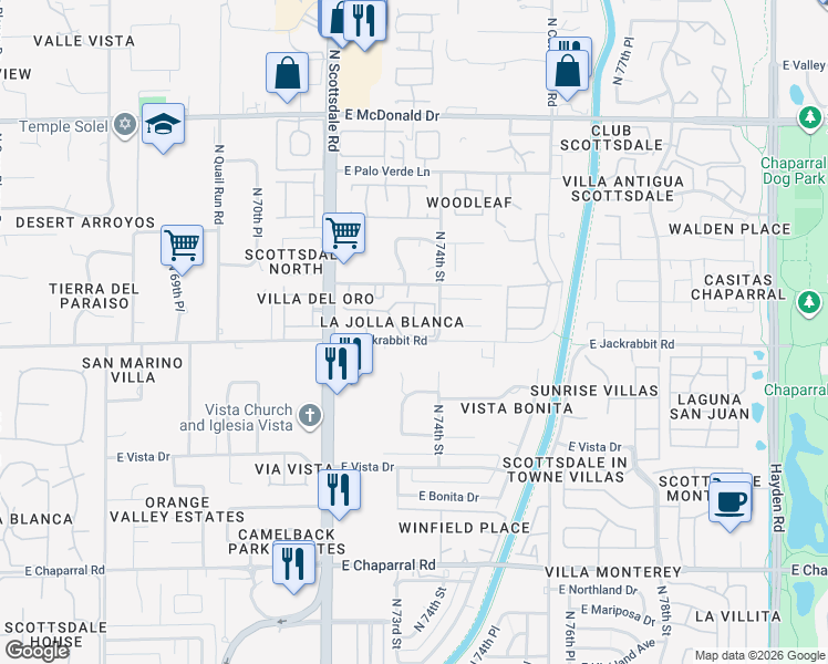 map of restaurants, bars, coffee shops, grocery stores, and more near 5555 North 73rd Place in Scottsdale