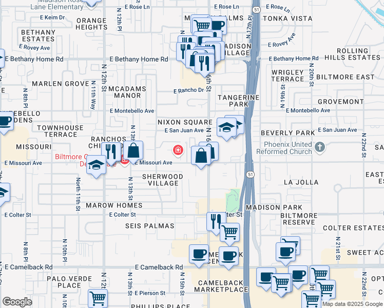 map of restaurants, bars, coffee shops, grocery stores, and more near 5550 North 16th Street in Phoenix