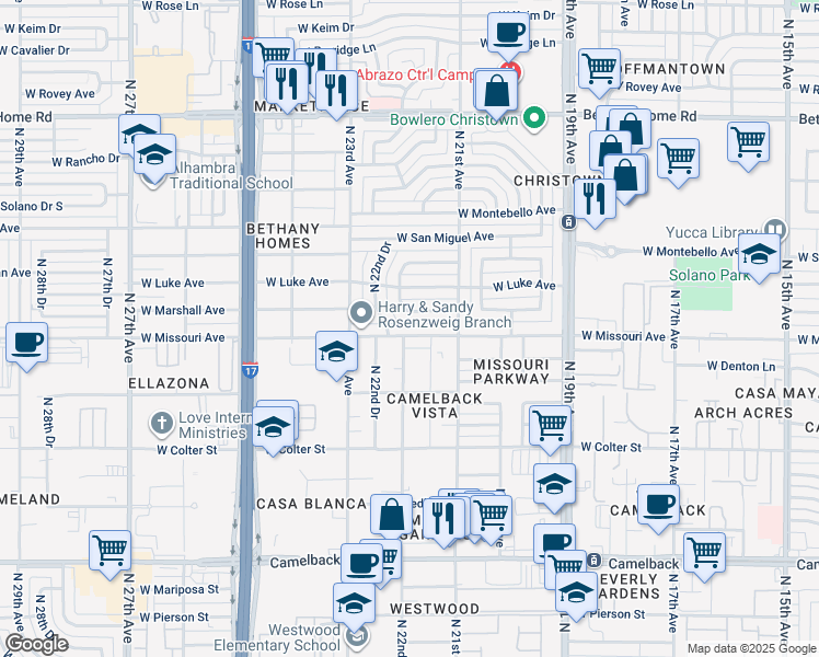 map of restaurants, bars, coffee shops, grocery stores, and more near 2131 West Marshall Avenue in Phoenix
