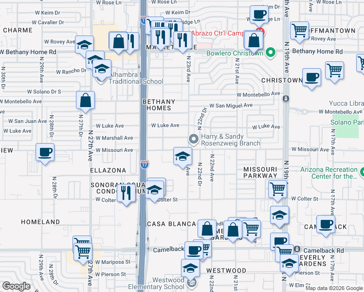 map of restaurants, bars, coffee shops, grocery stores, and more near 2303 West Marshall Avenue in Phoenix