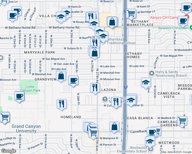 map of restaurants, bars, coffee shops, grocery stores, and more near 5517 North 27th Drive in Phoenix