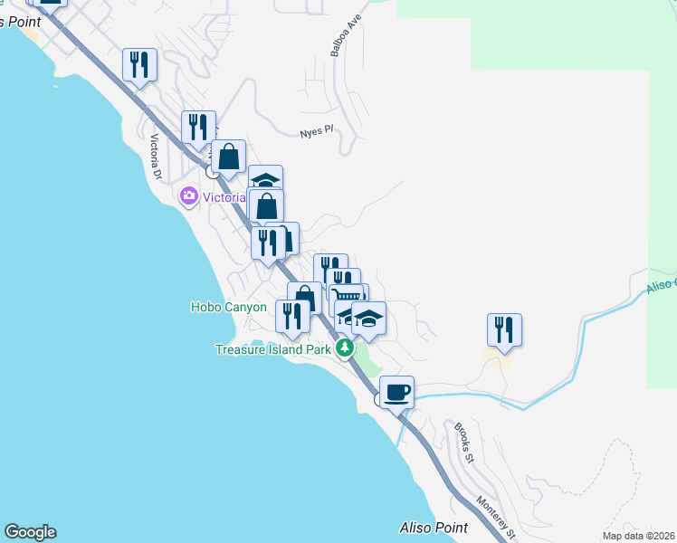 map of restaurants, bars, coffee shops, grocery stores, and more near f18 F Street in Laguna Beach