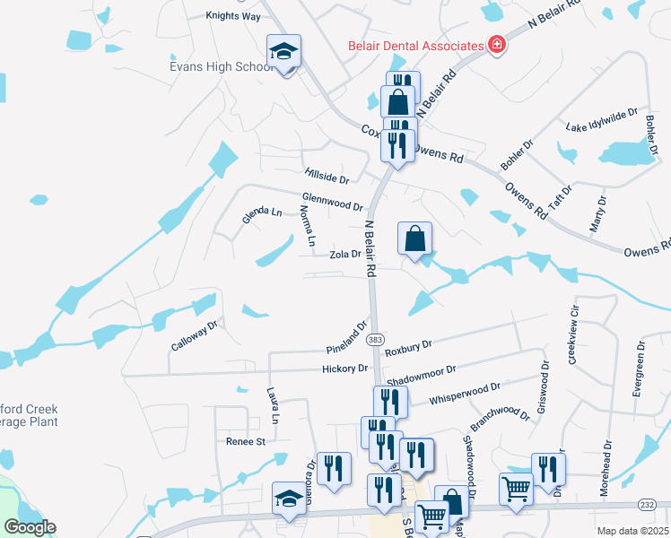 map of restaurants, bars, coffee shops, grocery stores, and more near 4508 Zola Drive in Evans