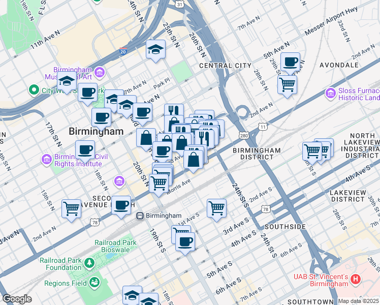 map of restaurants, bars, coffee shops, grocery stores, and more near in Birmingham