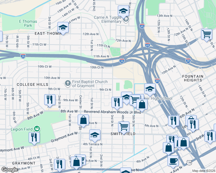 map of restaurants, bars, coffee shops, grocery stores, and more near 972 3rd Street North in Birmingham