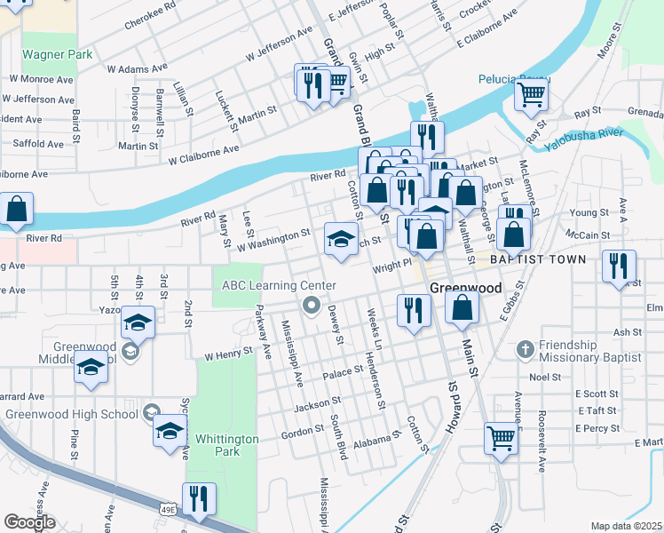 map of restaurants, bars, coffee shops, grocery stores, and more near 400 Cotton Street in Greenwood