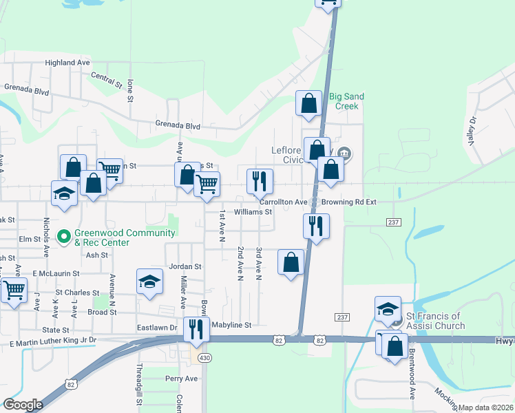 map of restaurants, bars, coffee shops, grocery stores, and more near 602 Hope Street in Greenwood
