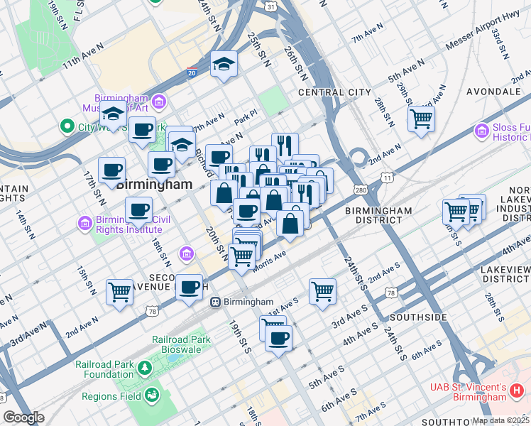 map of restaurants, bars, coffee shops, grocery stores, and more near 209 22nd Street North in Birmingham
