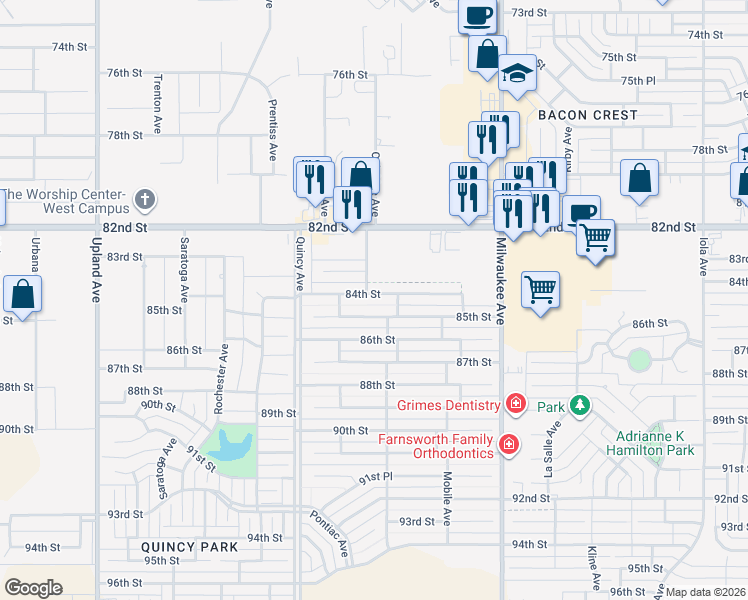 map of restaurants, bars, coffee shops, grocery stores, and more near 6709 84th Street in Lubbock