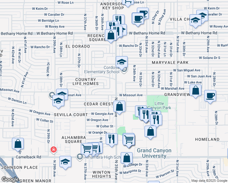 map of restaurants, bars, coffee shops, grocery stores, and more near 5510 North 35th Avenue in Phoenix