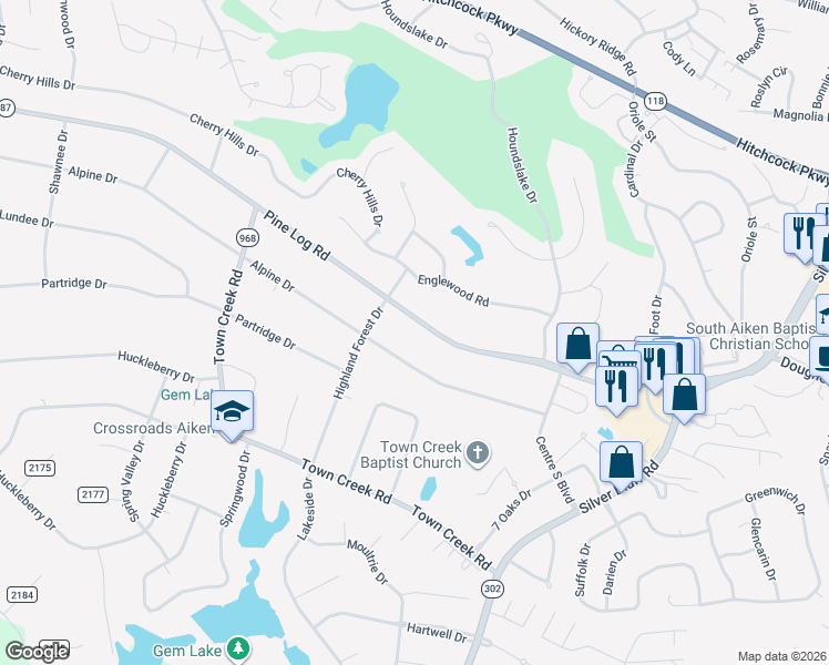 map of restaurants, bars, coffee shops, grocery stores, and more near 1437 Pine Log Road in Aiken