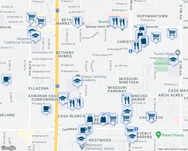 map of restaurants, bars, coffee shops, grocery stores, and more near 2131 West Marshall Avenue in Phoenix