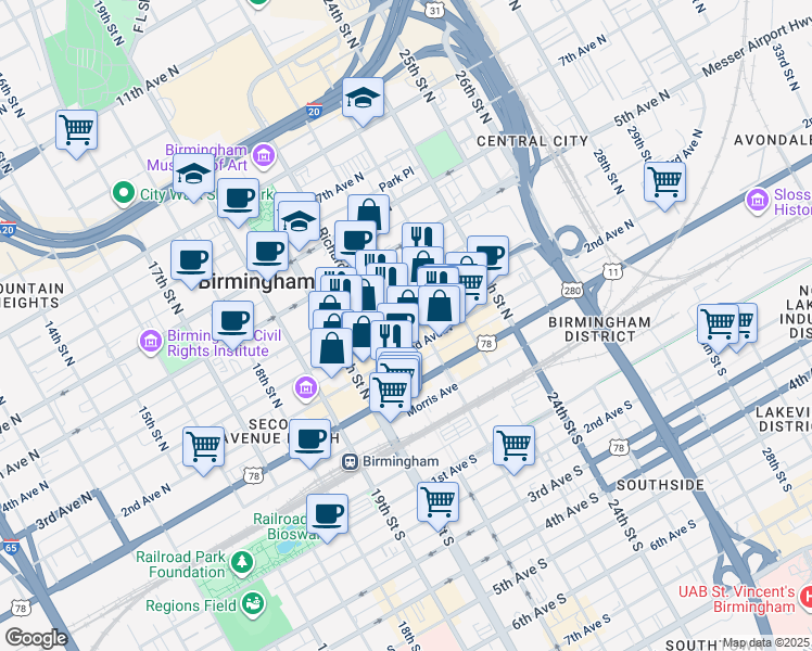 map of restaurants, bars, coffee shops, grocery stores, and more near 301 Richard Arrington Junior Boulevard North in Birmingham