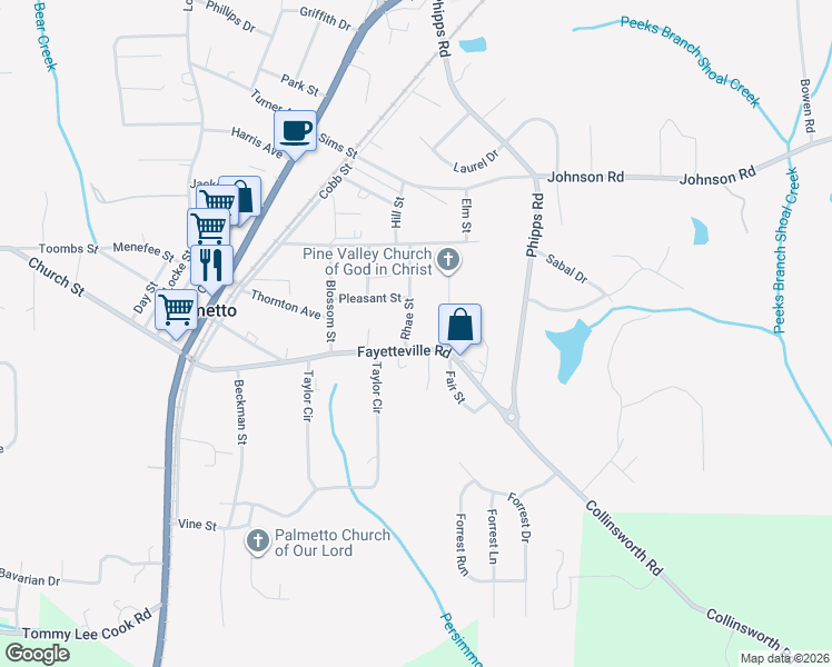 map of restaurants, bars, coffee shops, grocery stores, and more near 212 Rhae Street in Palmetto