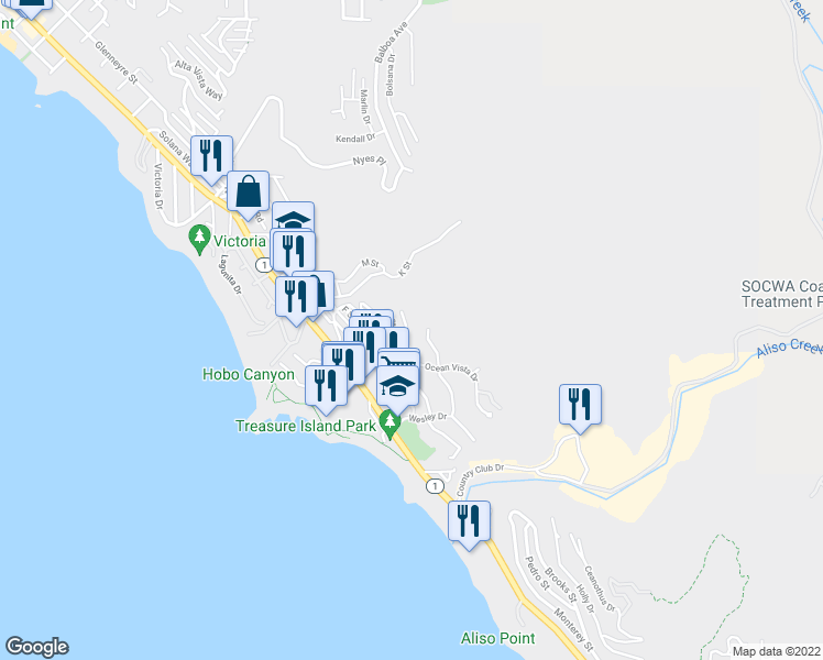 map of restaurants, bars, coffee shops, grocery stores, and more near 30692 Marilyn Drive in Laguna Beach