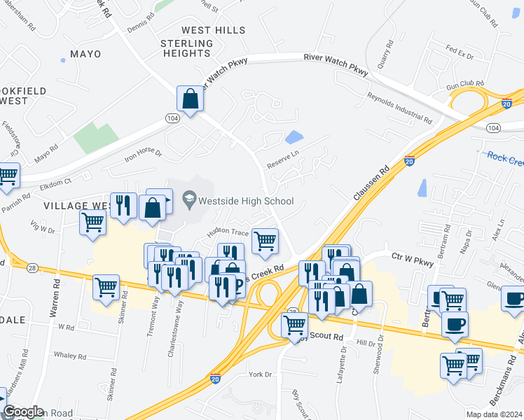 map of restaurants, bars, coffee shops, grocery stores, and more near Adderman Drive in Augusta