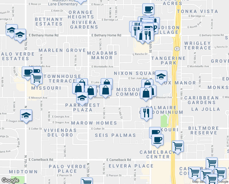 map of restaurants, bars, coffee shops, grocery stores, and more near 1336 East Marshall Avenue in Phoenix