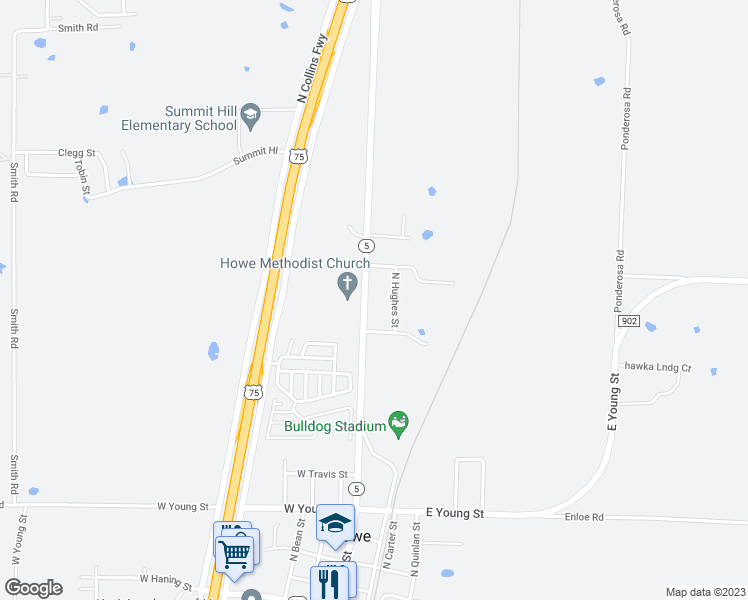 map of restaurants, bars, coffee shops, grocery stores, and more near 811 North Denny Street in Howe