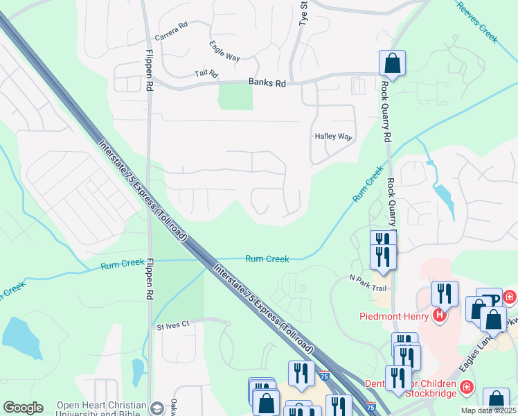 map of restaurants, bars, coffee shops, grocery stores, and more near 623 Sandpiper Cove in Stockbridge